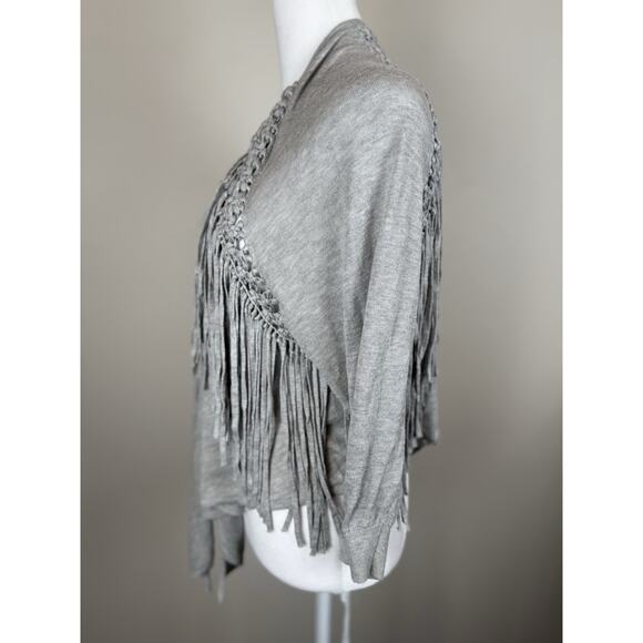 Rebecca Taylor Light Gray Fringe Knit Crochet Cardigan western Sweater Sz S - Picture 5 of 6